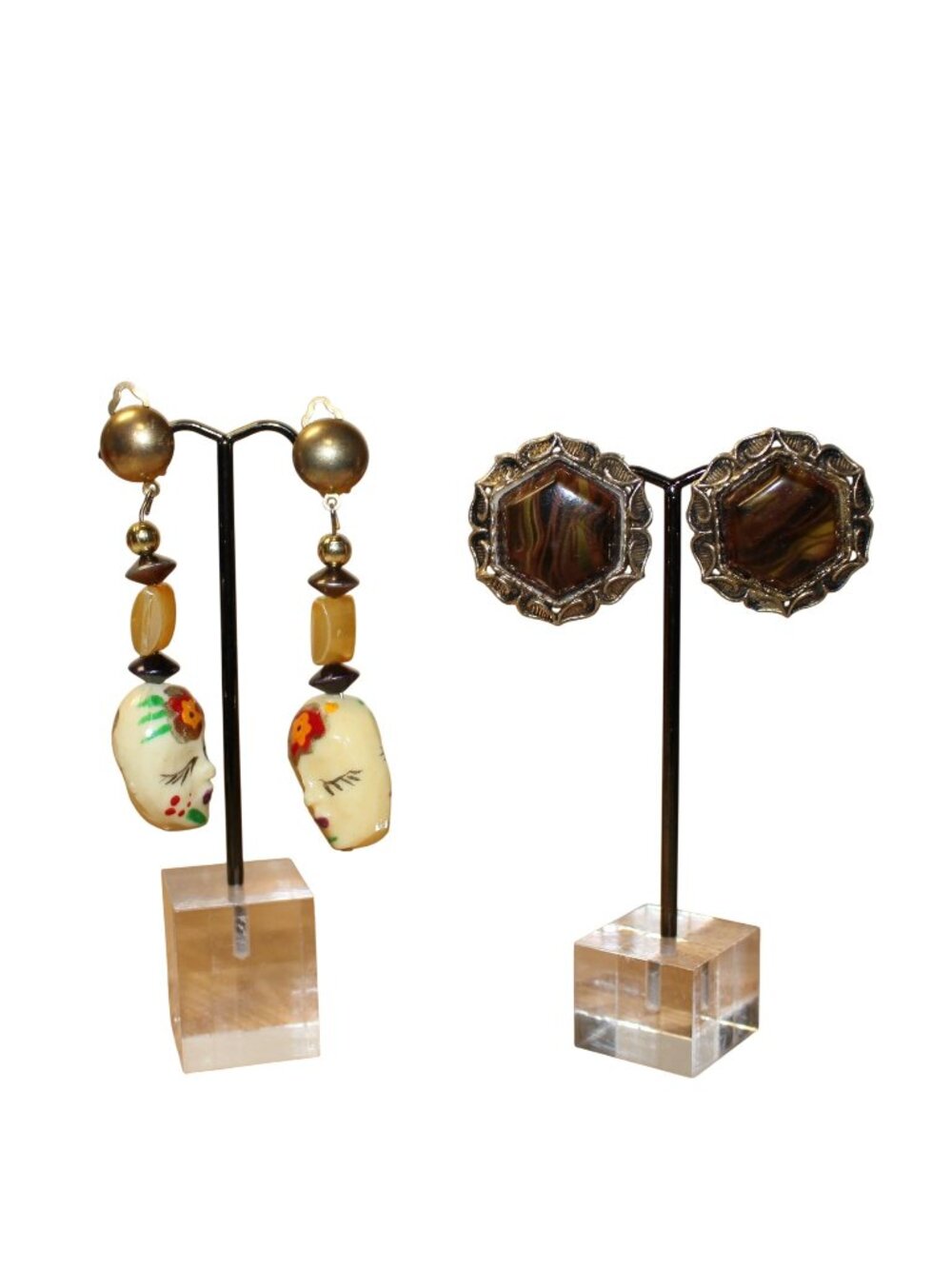 Lot of 2 Vintage Clip On Earrings Hand Painted Face Mask & Faux Tortoise